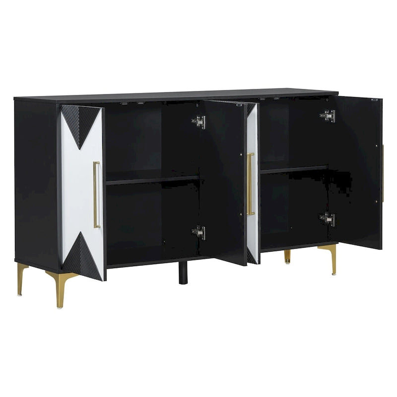 Armoire à quatre portes avec motifs triangulaires bicolores sur les portes et étagères réglables