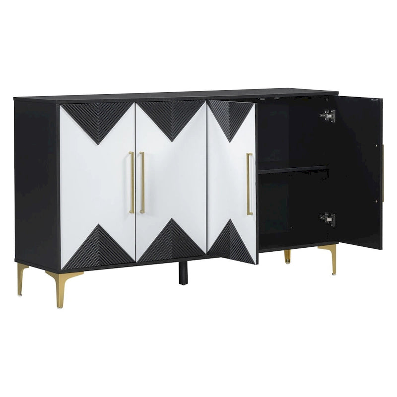 Armoire à quatre portes avec motifs triangulaires bicolores sur les portes et étagères réglables