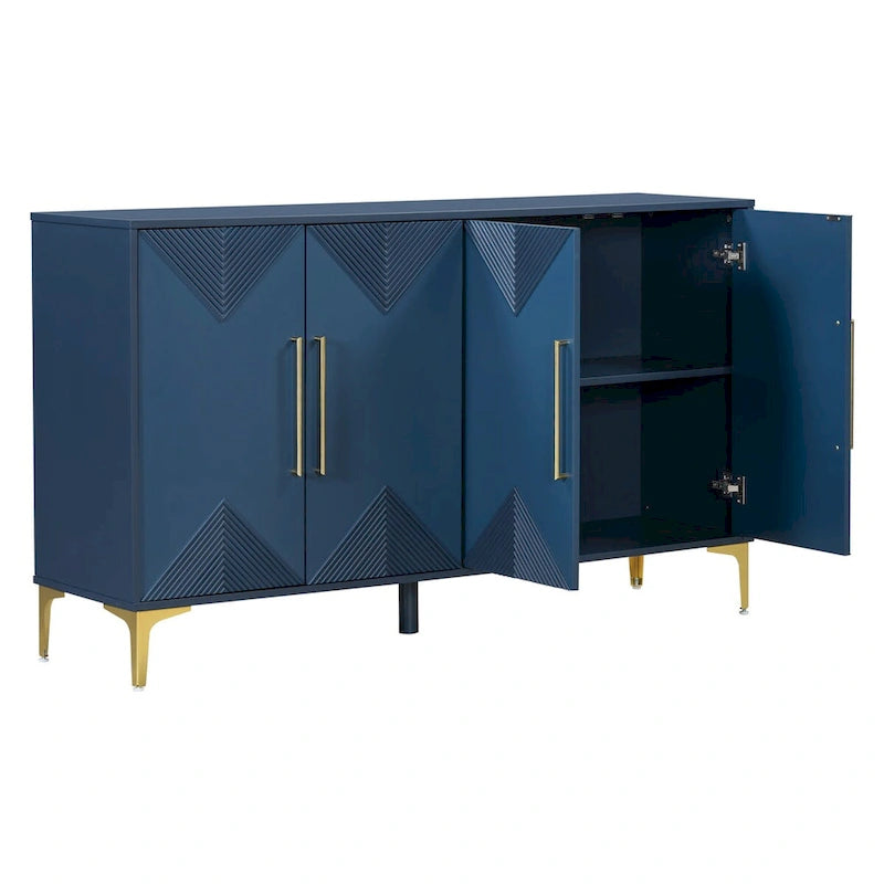 Armoire à quatre portes avec motifs triangulaires bicolores sur les portes et étagères réglables