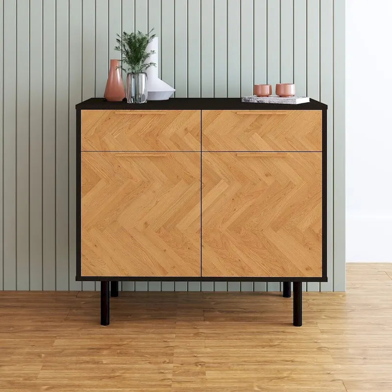Buffet moderne du milieu du siècle avec portes à fermeture douce, 2 tiroirs et pieds en métal