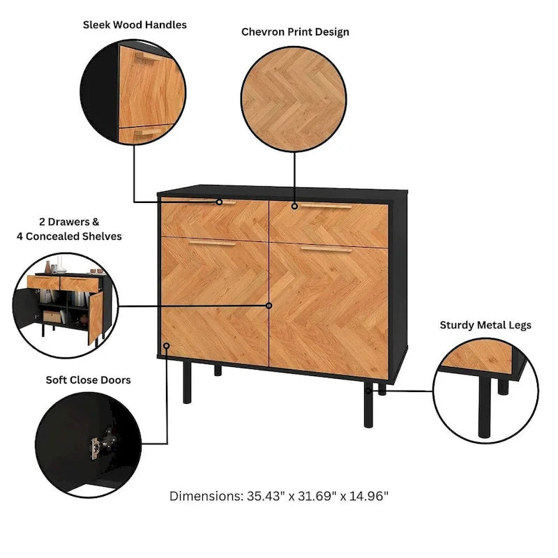 Buffet moderne du milieu du siècle avec portes à fermeture douce, 2 tiroirs et pieds en métal