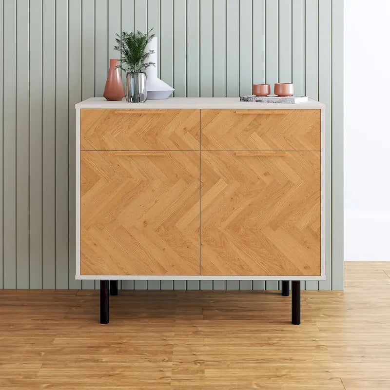 Buffet moderne du milieu du siècle avec portes à fermeture douce, 2 tiroirs et pieds en métal