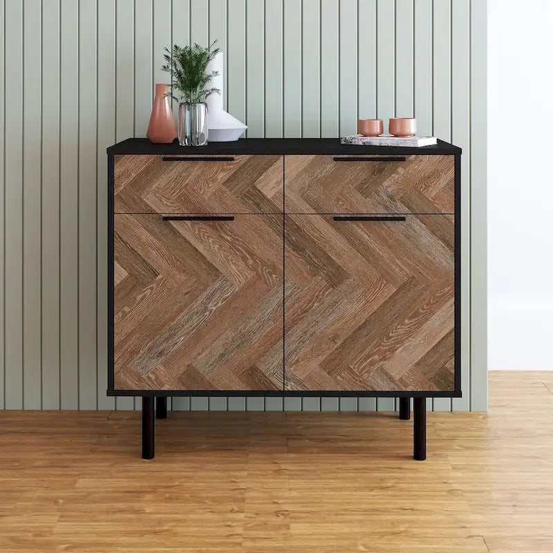 Buffet moderne du milieu du siècle avec portes à fermeture douce, 2 tiroirs et pieds en métal