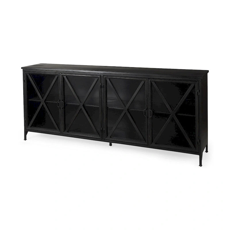 Bahut en métal noir avec portes vitrées et étagère fixe, 79L x 16P x 33H, Industriel