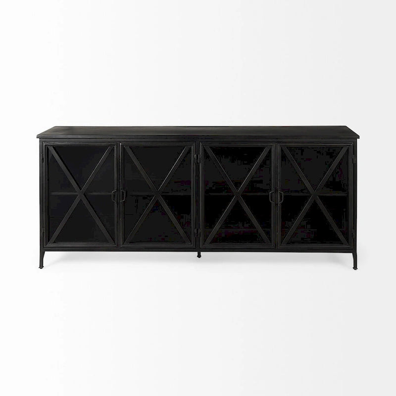 Bahut en métal noir avec portes vitrées et étagère fixe, 79L x 16P x 33H, Industriel