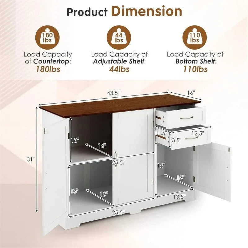 Bahut de cuisine avec 2 tiroirs et 2 placards, 110,5 cm (L) x 40,5 cm (P) x 79 cm (H)