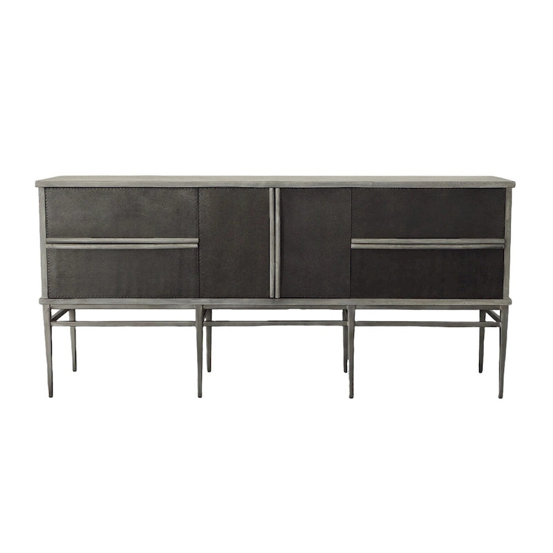 Buffet de 4 tiroirs avec clous décoratifs, structure grise et portes noires, 74 po. l.