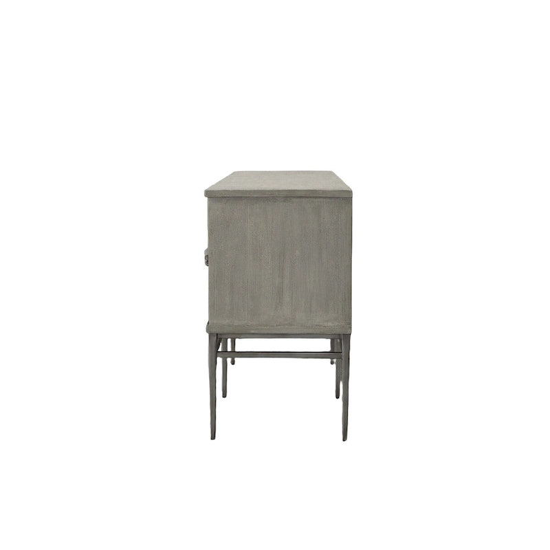 Buffet de 4 tiroirs avec clous décoratifs, structure grise et portes noires, 74 po. l.