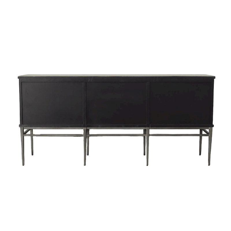 Buffet de 4 tiroirs avec clous décoratifs, structure grise et portes noires, 74 po. l.