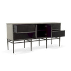 Buffet de 4 tiroirs avec clous décoratifs, structure grise et portes noires, 74 po. l.