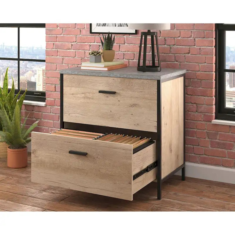 Classeur latéral 2 tiroirs avec plateau aspect ardoise, fini chêne prime et gris ardoise