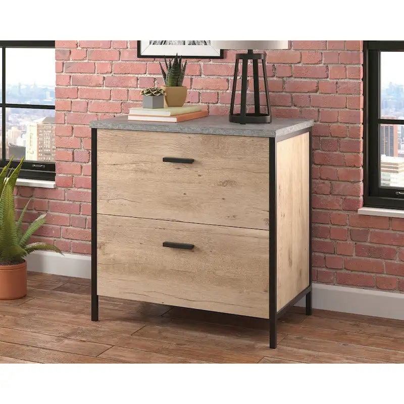 Classeur latéral 2 tiroirs avec plateau aspect ardoise, fini chêne prime et gris ardoise