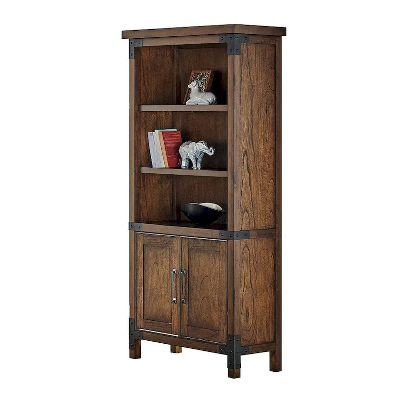 Bibliothèque rustique avec portes, étagère de bureau et armoire de rangement, marron, 86L x 183H