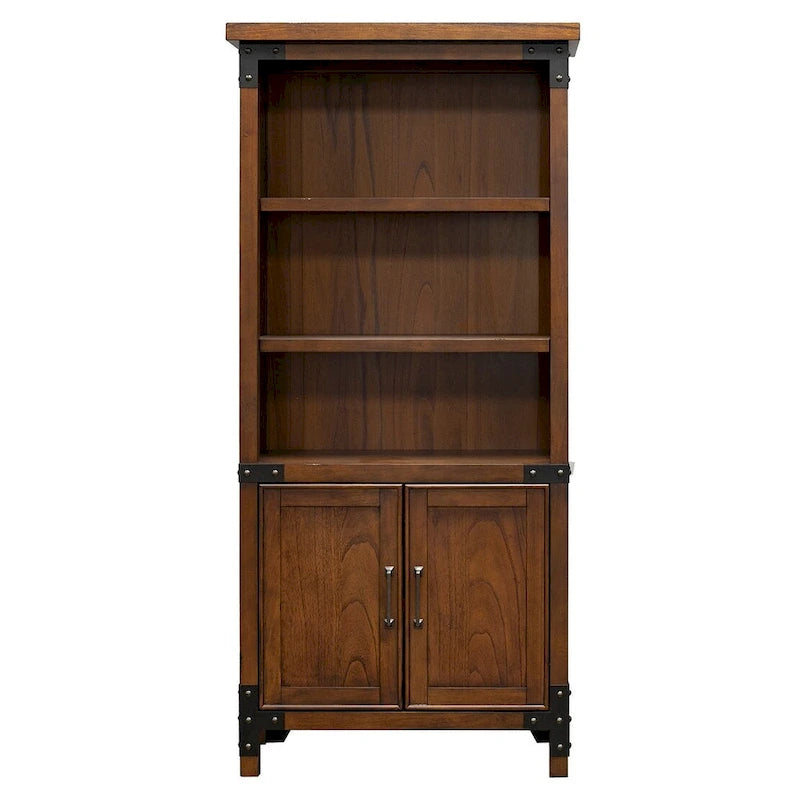 Bibliothèque rustique avec portes, étagère de bureau et armoire de rangement, marron, 86L x 183H