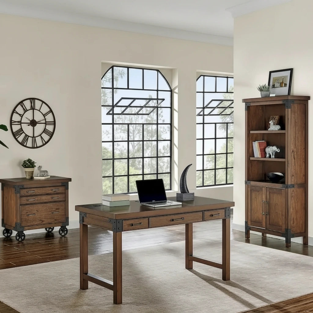 Bibliothèque rustique avec portes, étagère de bureau et armoire de rangement, marron, 86L x 183H