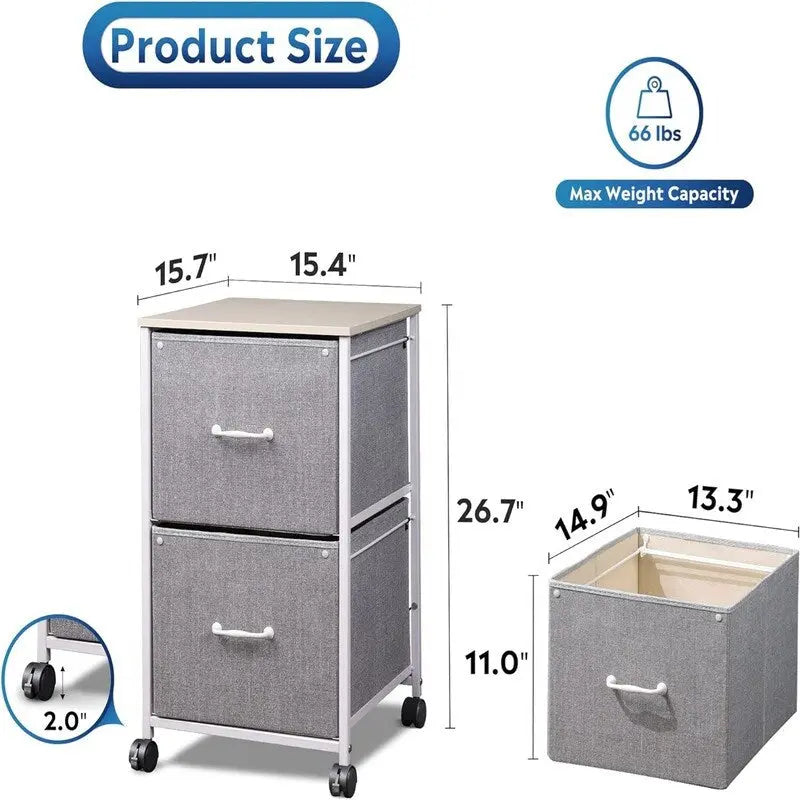 Meuble de classement mobile à 2 tiroirs avec roulettes et freins, 39,1 L x 39,9 P x 68,1 H cm