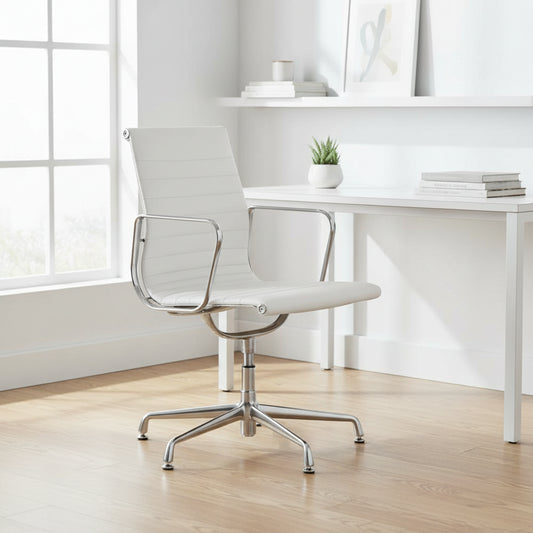White Genuine Leather Ribbed Mid Back Conference Office Side Chair