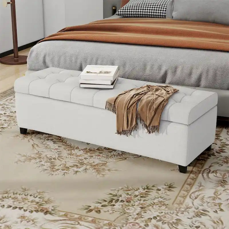 Banc de rangement en lin touffeté avec dessus relevable, 50,5L x 18,75P x 16H
