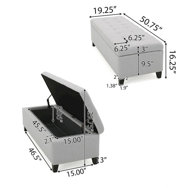 Banc de rangement en lin touffeté avec dessus relevable, 50,5L x 18,75P x 16H