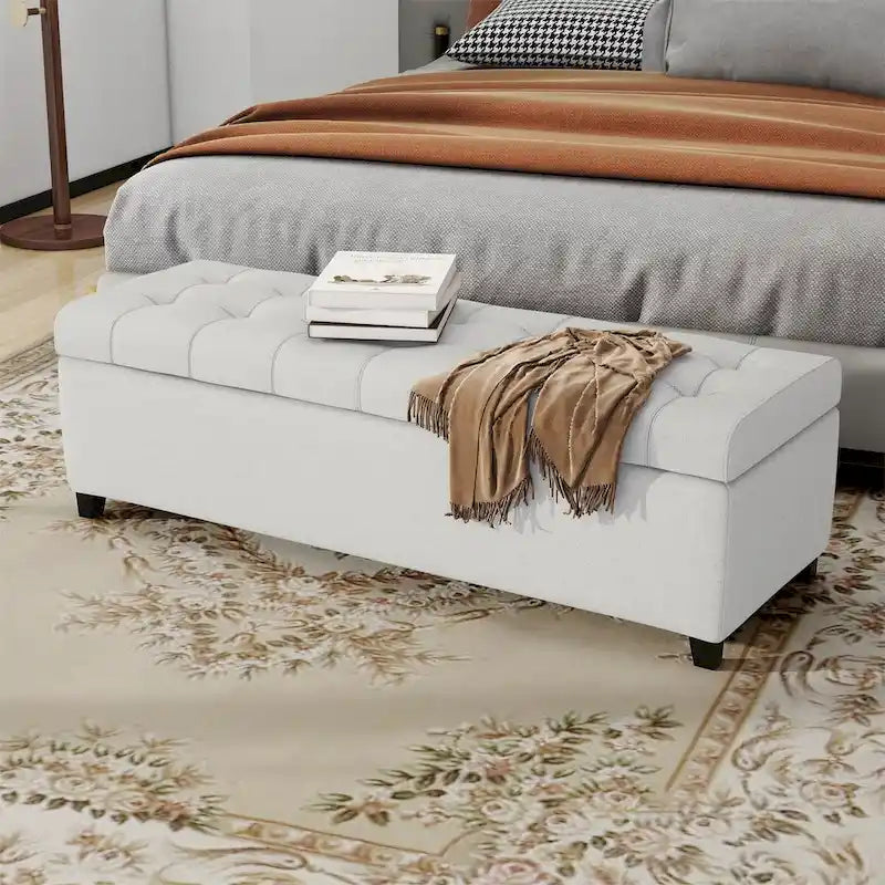 Banc de rangement en lin touffeté avec dessus relevable, 50,5L x 18,75P x 16H