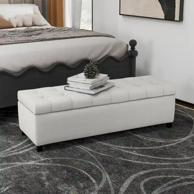 Banc de rangement en lin touffeté avec dessus relevable, 50,5L x 18,75P x 16H