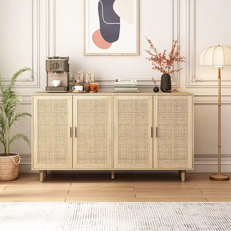 Meuble de rangement décoratif à 4 portes en rotin pour chambre et salon, 62,2 po L x 34,25 po H