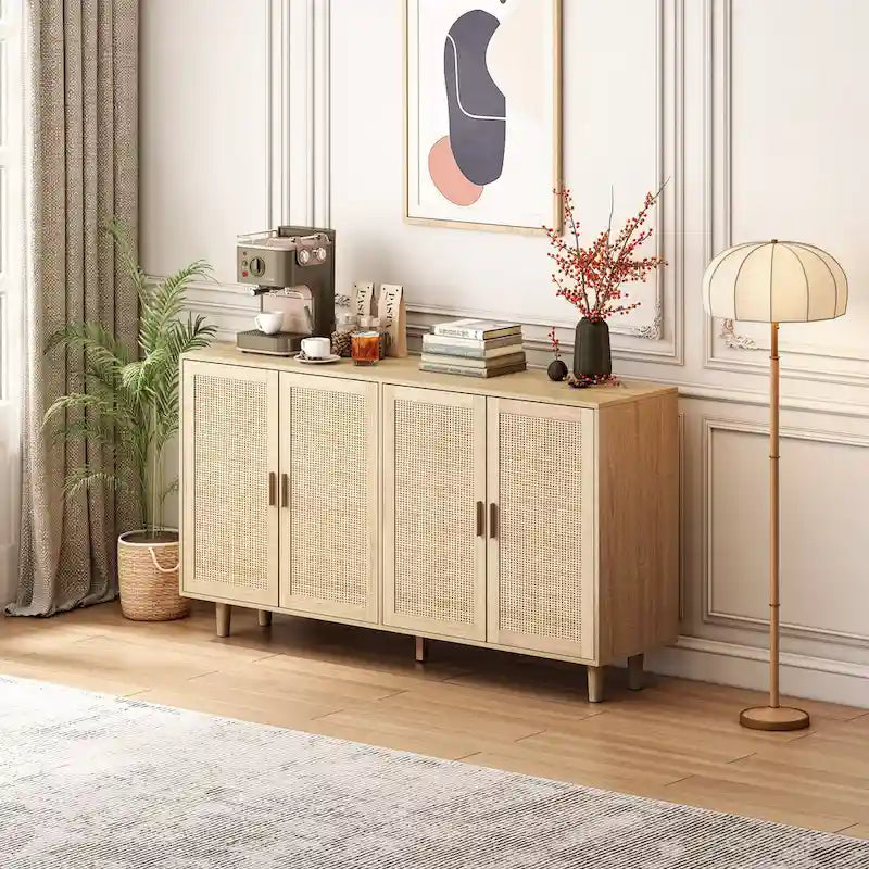 Meuble de rangement décoratif à 4 portes en rotin pour chambre et salon, 62,2 po L x 34,25 po H
