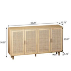 Meuble de rangement décoratif à 4 portes en rotin pour chambre et salon, 62,2 po L x 34,25 po H