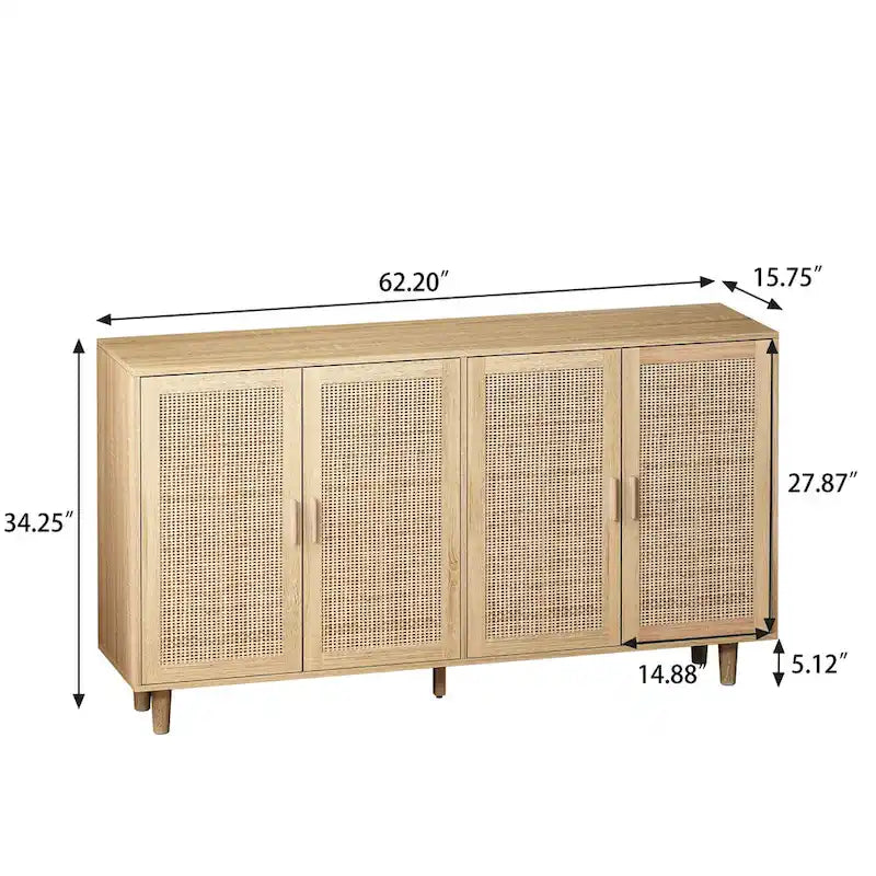 Meuble de rangement décoratif à 4 portes en rotin pour chambre et salon, 62,2 po L x 34,25 po H