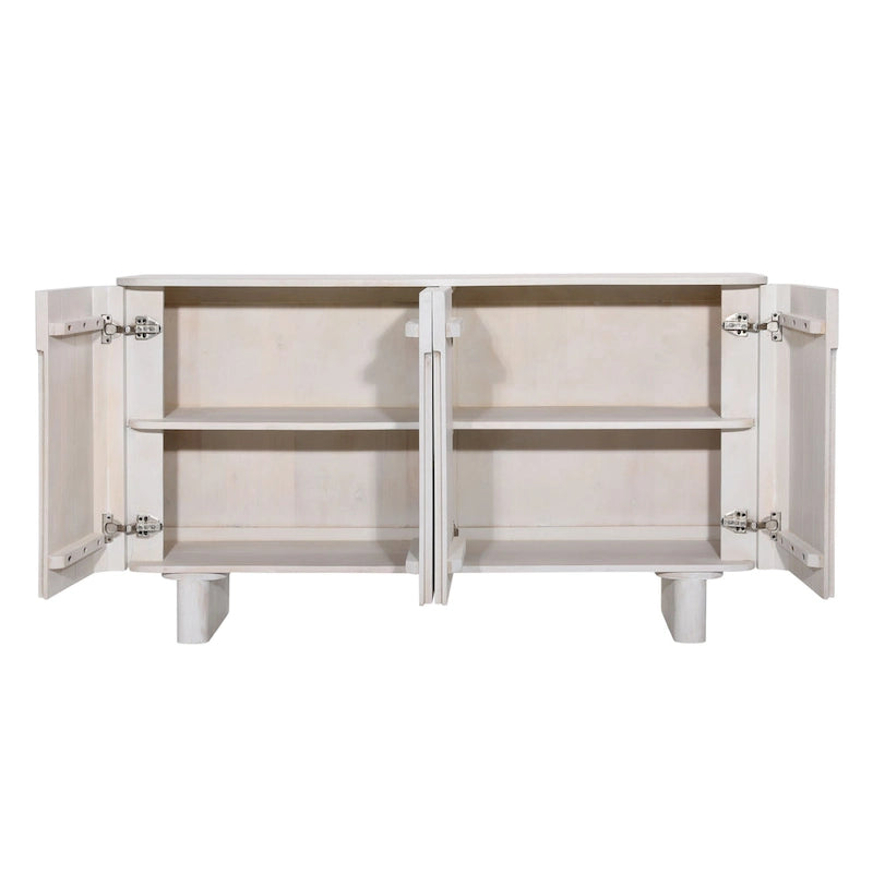 Meuble en bois de manguier à 4 portes, 99 cm de haut, finition blanche, 150 cm (L) x 41 cm (P) x 84 cm (H)