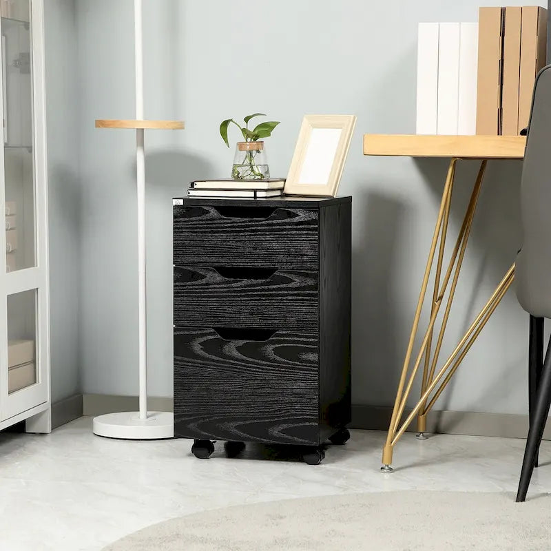 Meuble de rangement de bureau à 3 tiroirs sous le bureau avec roulettes, grain de bois noir