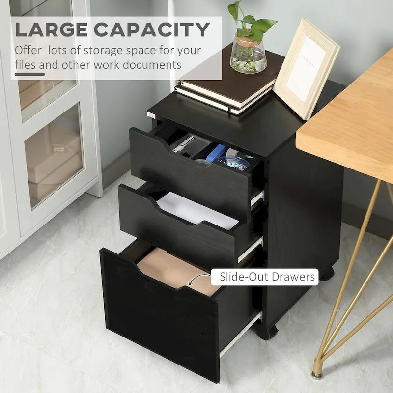 Meuble de rangement de bureau à 3 tiroirs sous le bureau avec roulettes, grain de bois noir