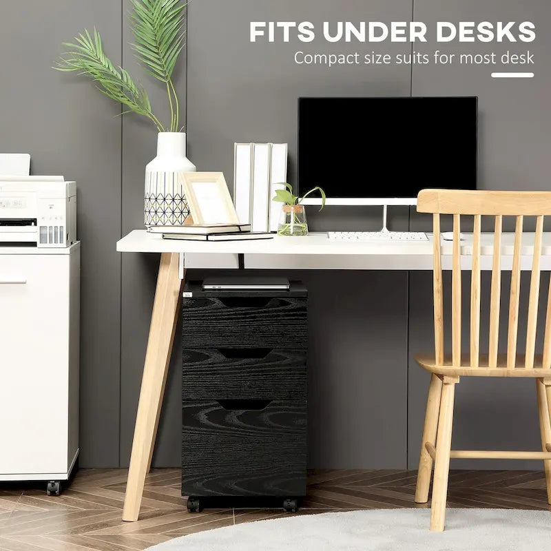 Meuble de rangement de bureau à 3 tiroirs sous le bureau avec roulettes, grain de bois noir