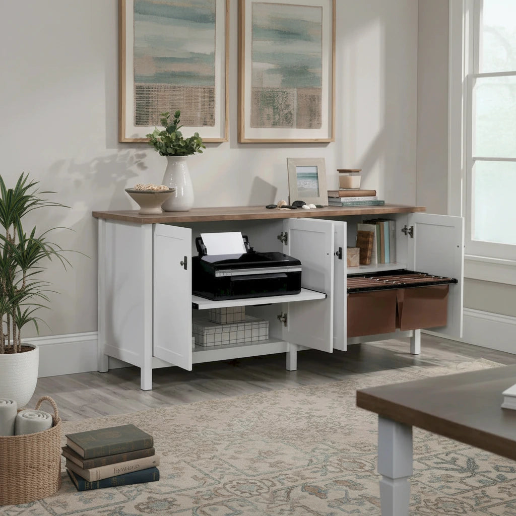 Buffet de rangement blanc avec classeurs, étagère pour imprimante et gestion des câbles