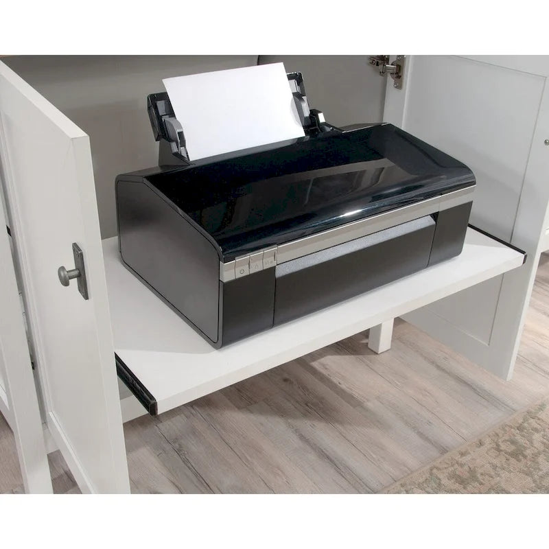Buffet de rangement blanc avec classeurs, étagère pour imprimante et gestion des câbles