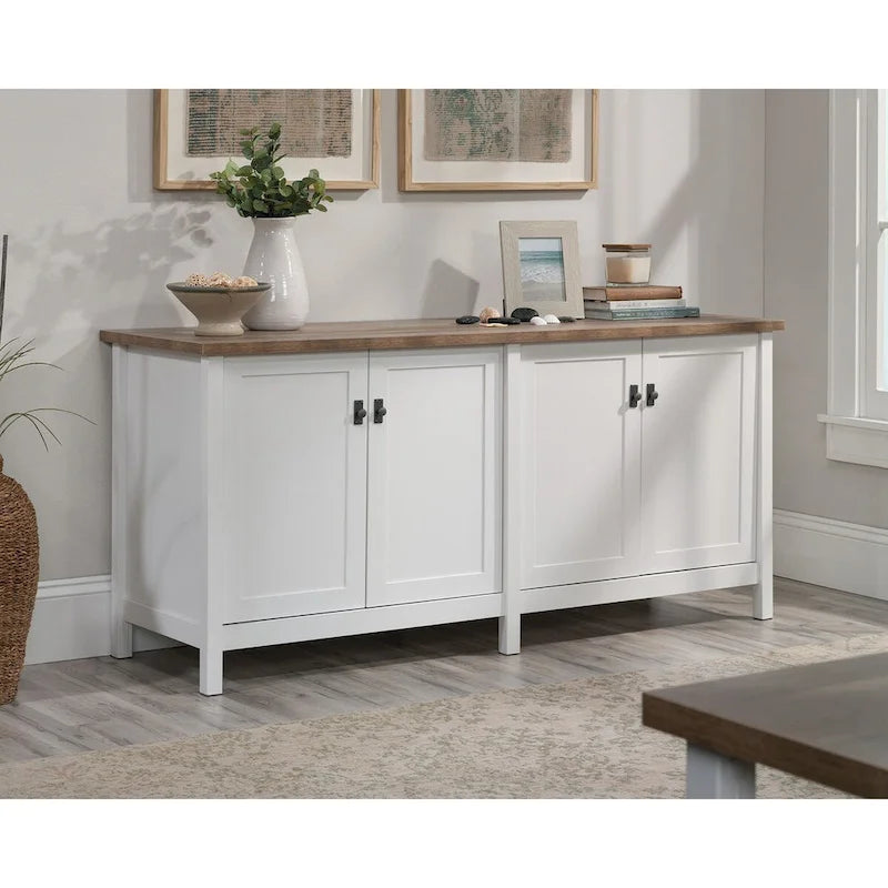 Buffet de rangement blanc avec classeurs, étagère pour imprimante et gestion des câbles