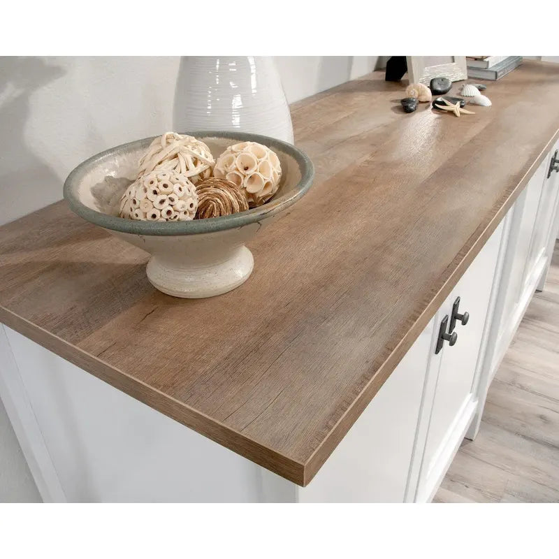Buffet de rangement blanc avec classeurs, étagère pour imprimante et gestion des câbles