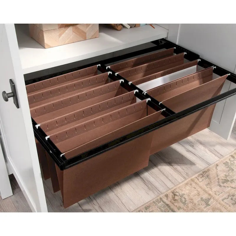 Buffet de rangement blanc avec classeurs, étagère pour imprimante et gestion des câbles