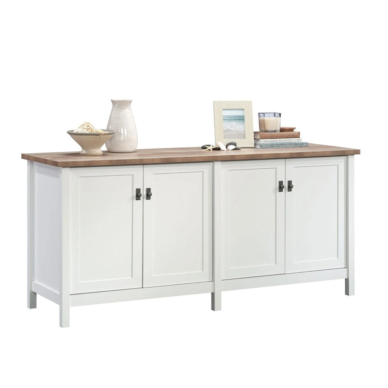 Buffet de rangement blanc avec classeurs, étagère pour imprimante et gestion des câbles