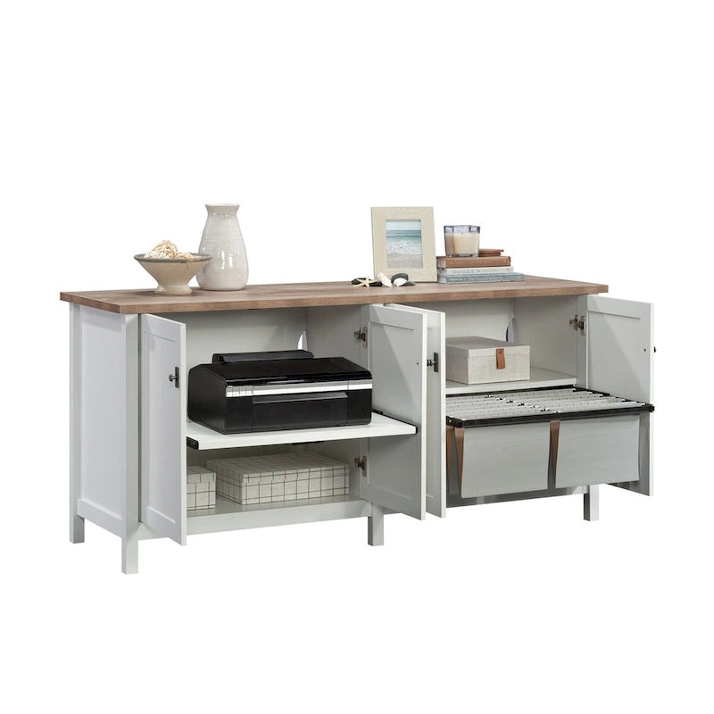 Buffet de rangement blanc avec classeurs, étagère pour imprimante et gestion des câbles