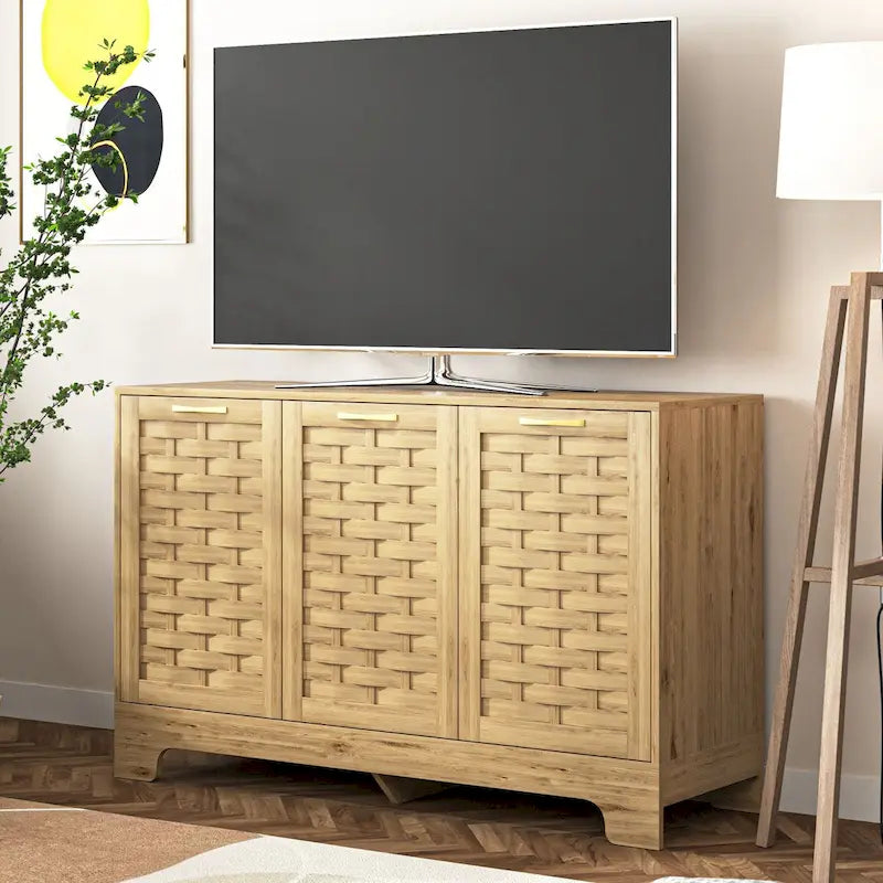 Meuble bas en bois tressé à 3 portes avec poignées dorées, style mid-century, MDF