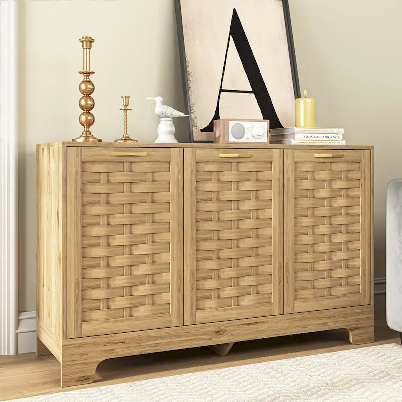 Meuble bas en bois tressé à 3 portes avec poignées dorées, style mid-century, MDF