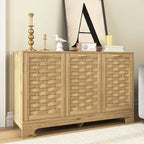 Meuble bas en bois tressé à 3 portes avec poignées dorées, style mid-century, MDF