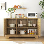 Meuble bas en bois tressé à 3 portes avec poignées dorées, style mid-century, MDF