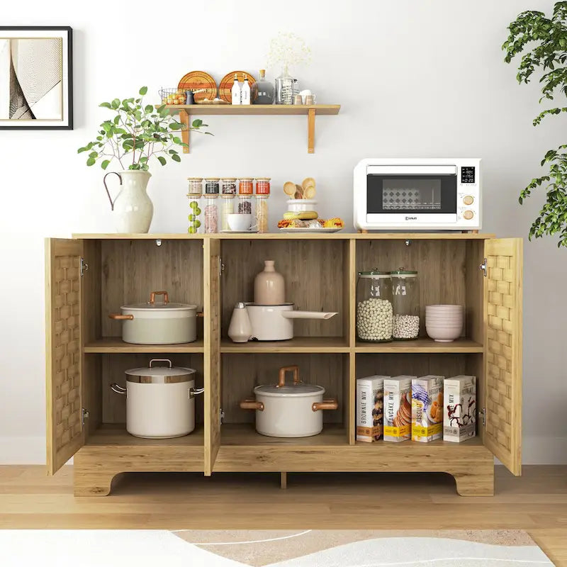 Meuble bas en bois tressé à 3 portes avec poignées dorées, style mid-century, MDF