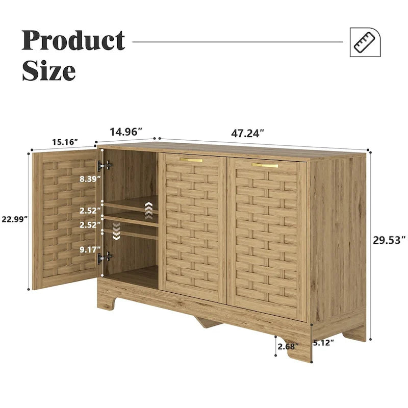 Meuble bas en bois tressé à 3 portes avec poignées dorées, style mid-century, MDF