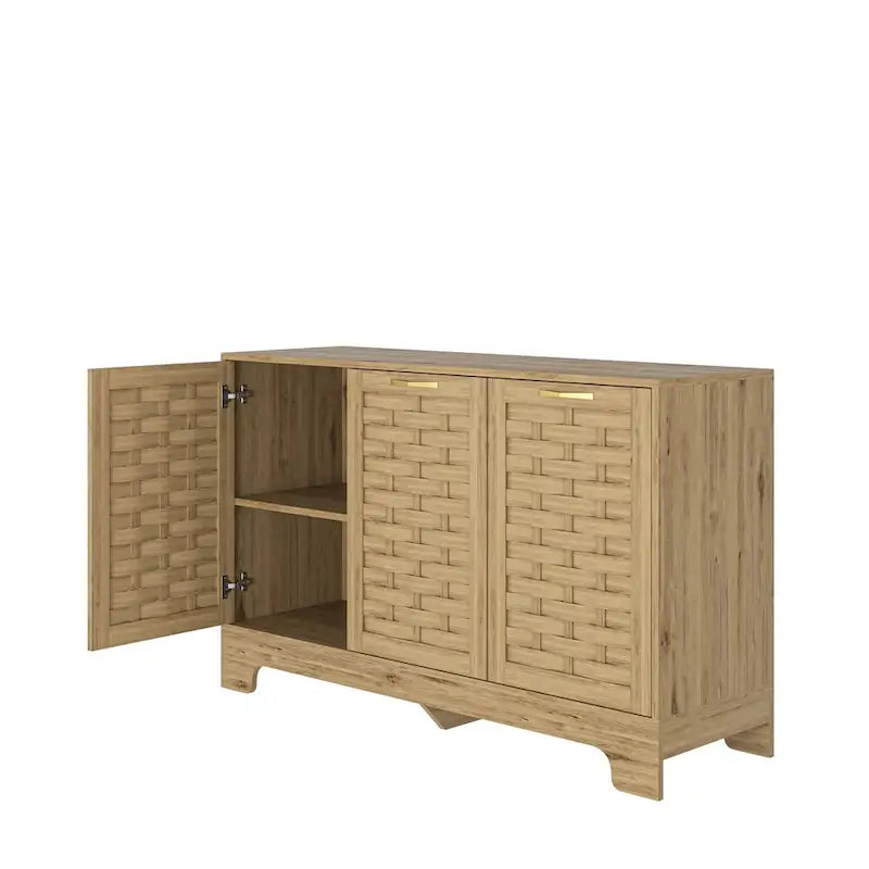 Meuble bas en bois tressé à 3 portes avec poignées dorées, style mid-century, MDF