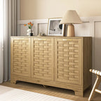 Meuble bas en bois tressé à 3 portes avec poignées dorées, style mid-century, MDF