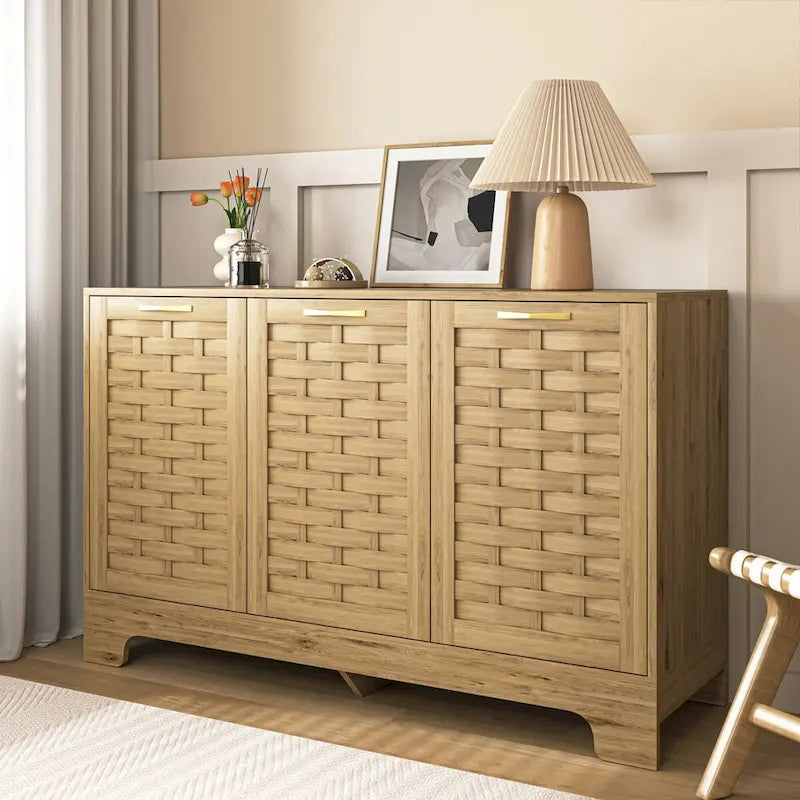 Meuble bas en bois tressé à 3 portes avec poignées dorées, style mid-century, MDF