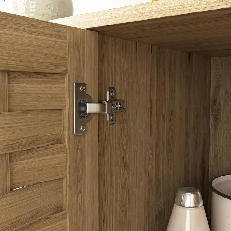Meuble bas en bois tressé à 3 portes avec poignées dorées, style mid-century, MDF